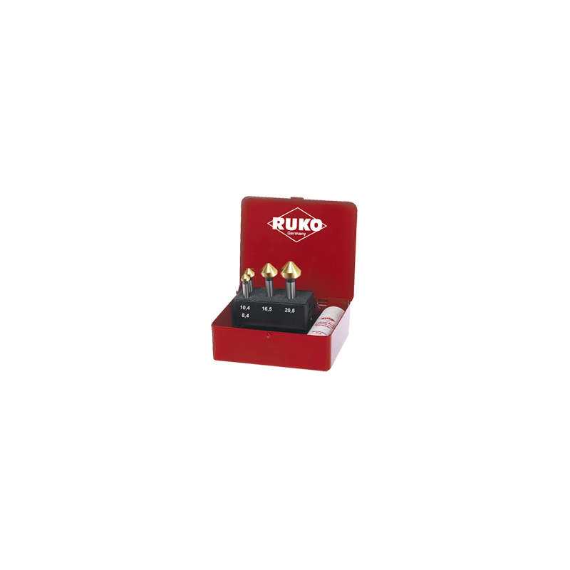 Juegos De 4 Avellanadores DIN 335 Forma C 90º HSS-TiN RUKO (Ø 8,3 - 10,4 - 16,5 - 20,5 mm) Juegos De 4 Avellanadores DIN 335 Forma C 90º HSS-TiN RUKO (Ø 8,3 - 10,4 - 16,5 - 20,5 mm)