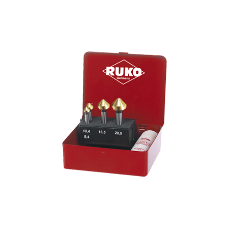 Juegos De 4 Avellanadores DIN 335 Forma C 90º HSS-TiN RUKO (Ø 8,3 - 10,4 - 16,5 - 20,5 mm)